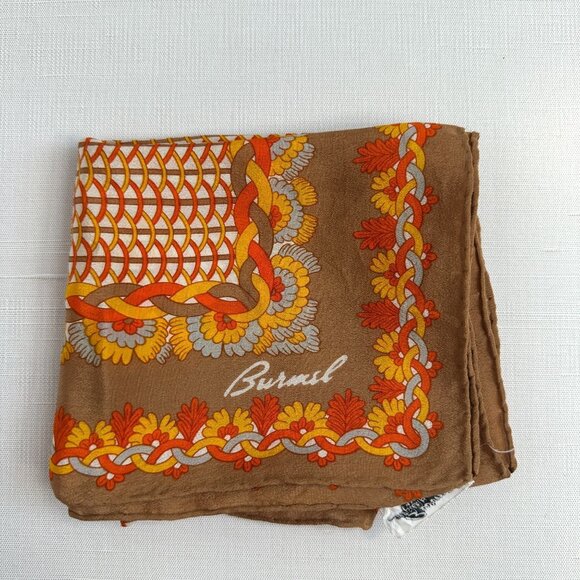Burmel Brown Orange Yellow Floral Silk Scarf 25x25 - Picture 1 of 7